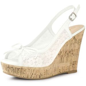 Platform Heels Lace Bow Slingback Wedge Sandals White